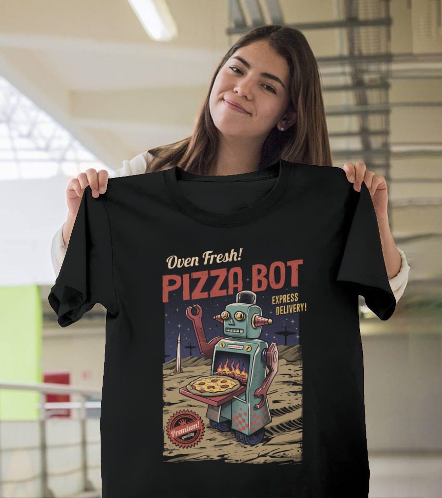 Oven Fresh Pizza Bot Express Delivery Retro Robot Space T-Shirt