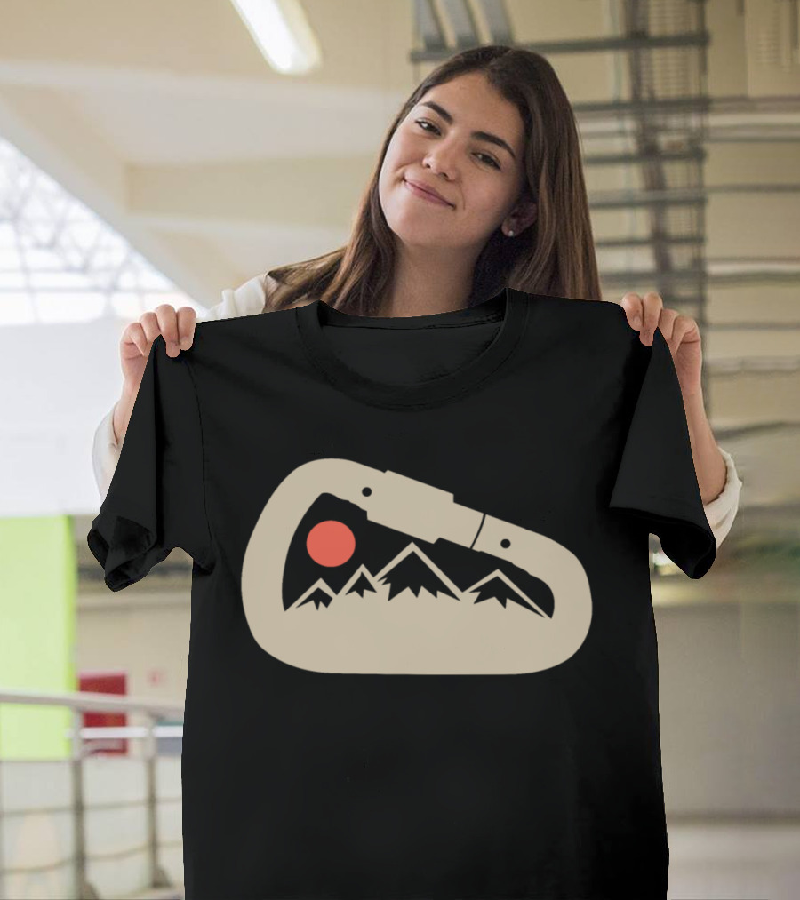 Carabiner with Mountain Peaks and Red Moon Nature Scene T-Shirt
