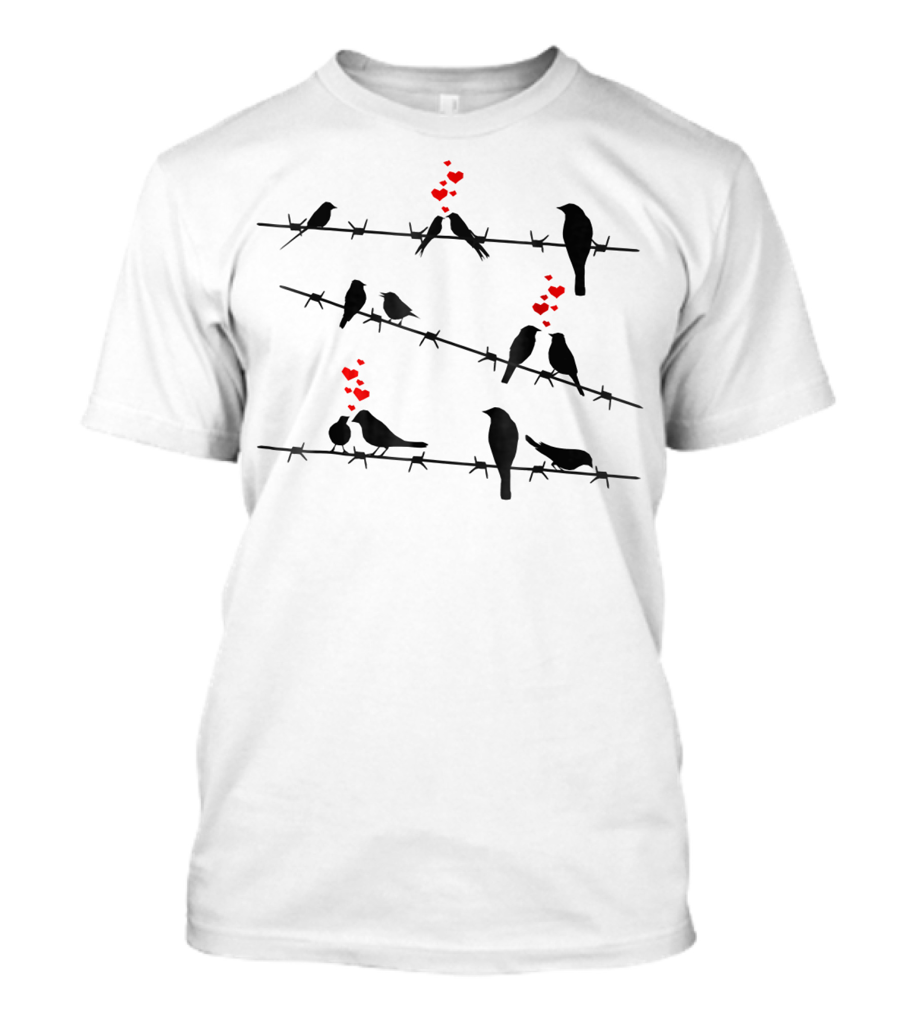 Cute Birds On A Wire Red Hearts Mens &amp T-Shirt