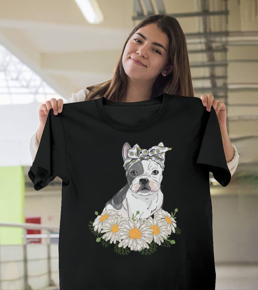 French Bulldog With Daisy Headband And Flower Garden T-Shirt