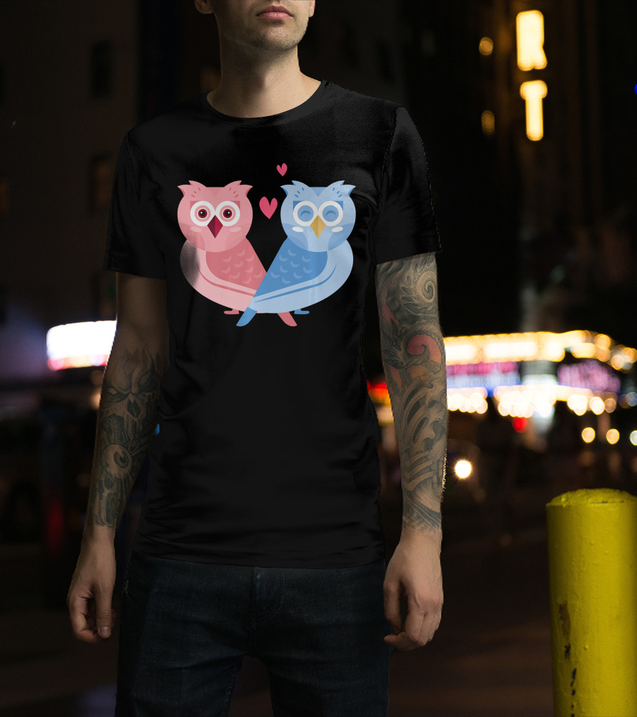 Cute Owls Birds In Love Couple With Hearts T-Shirt
