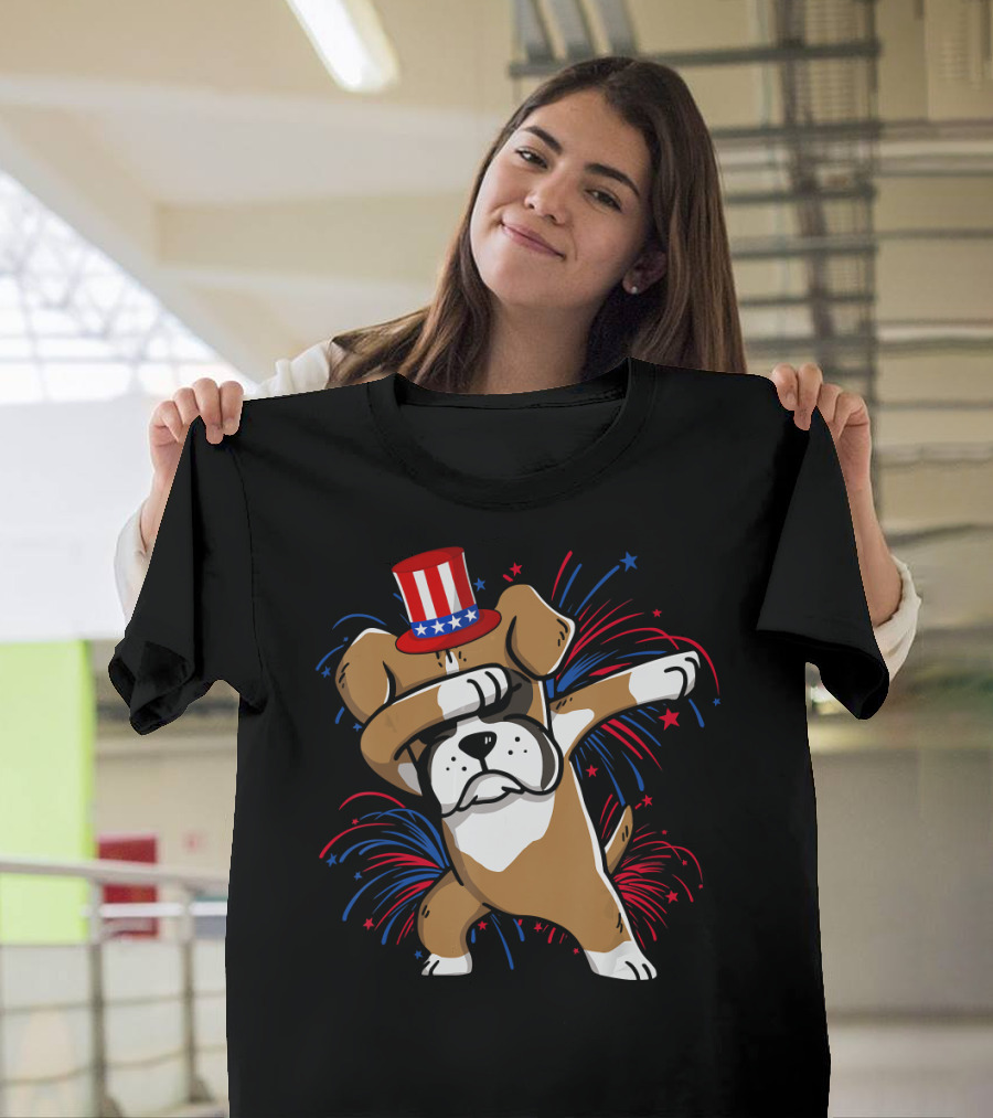 Patriotic Dabbing Boxer Dog with Fireworks 4th of July T-Shirt