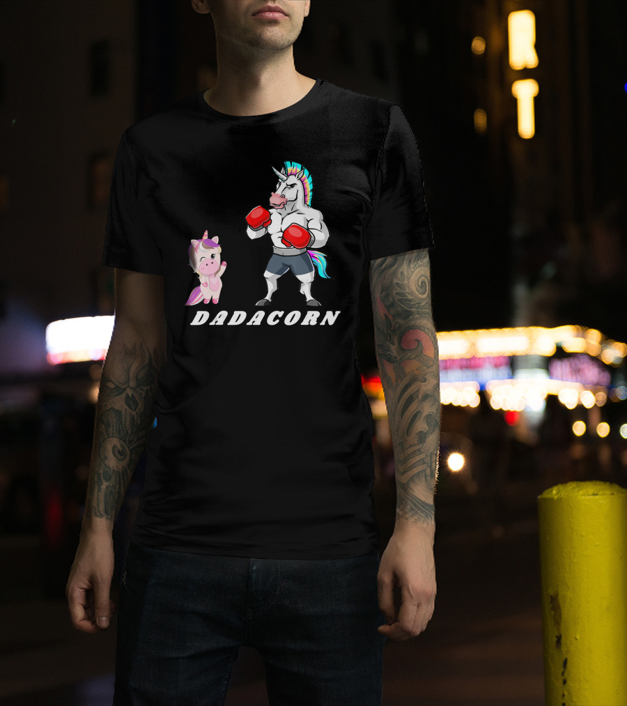 Dadacorn Boxing Unicorn Dad Baby With Muscle And Rainbow Mane T-Shirt