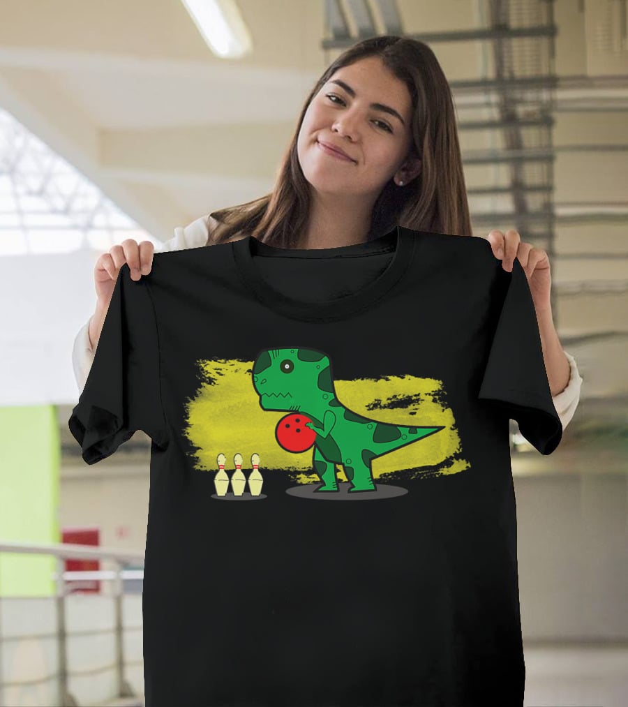 Dino Bowler With Red Bowling Ball And Pins In Yellow Splash Background T-Shirt