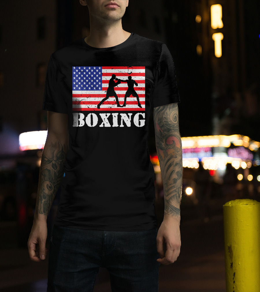 Distressed Boxing USA American Flag With Fighters T-Shirt