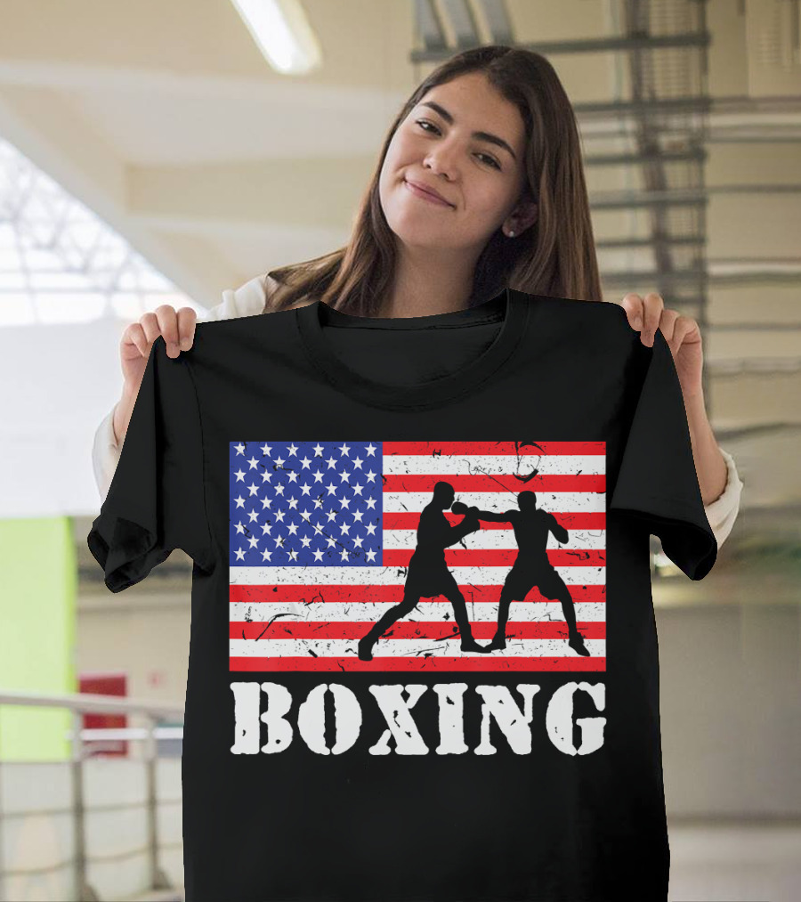 Distressed Boxing USA American Flag With Fighters T-Shirt