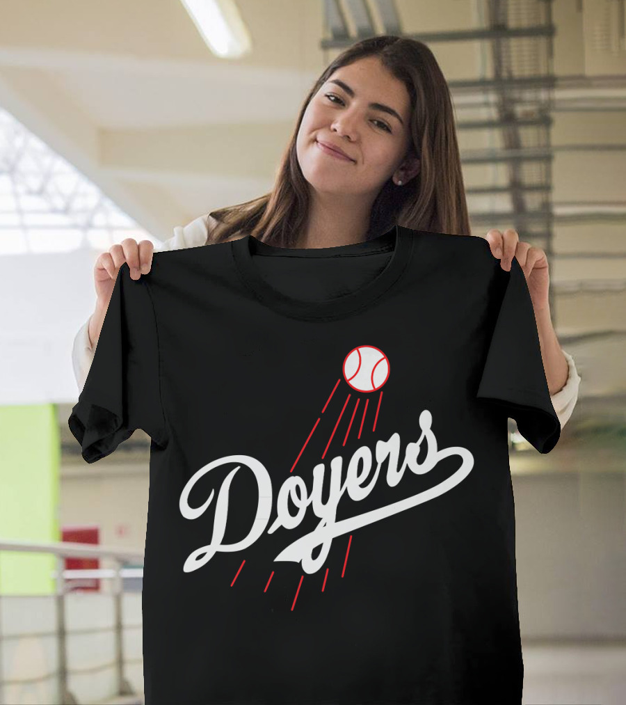 Doyers Baseball Red And White Script With Flying Ball T-Shirt