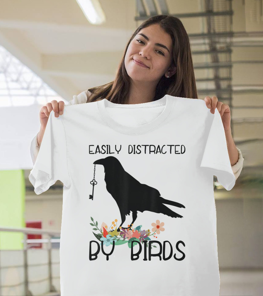 Easily Distracted By Birds Silhouette Of Bird With Key And Floral Elements T-Shirt