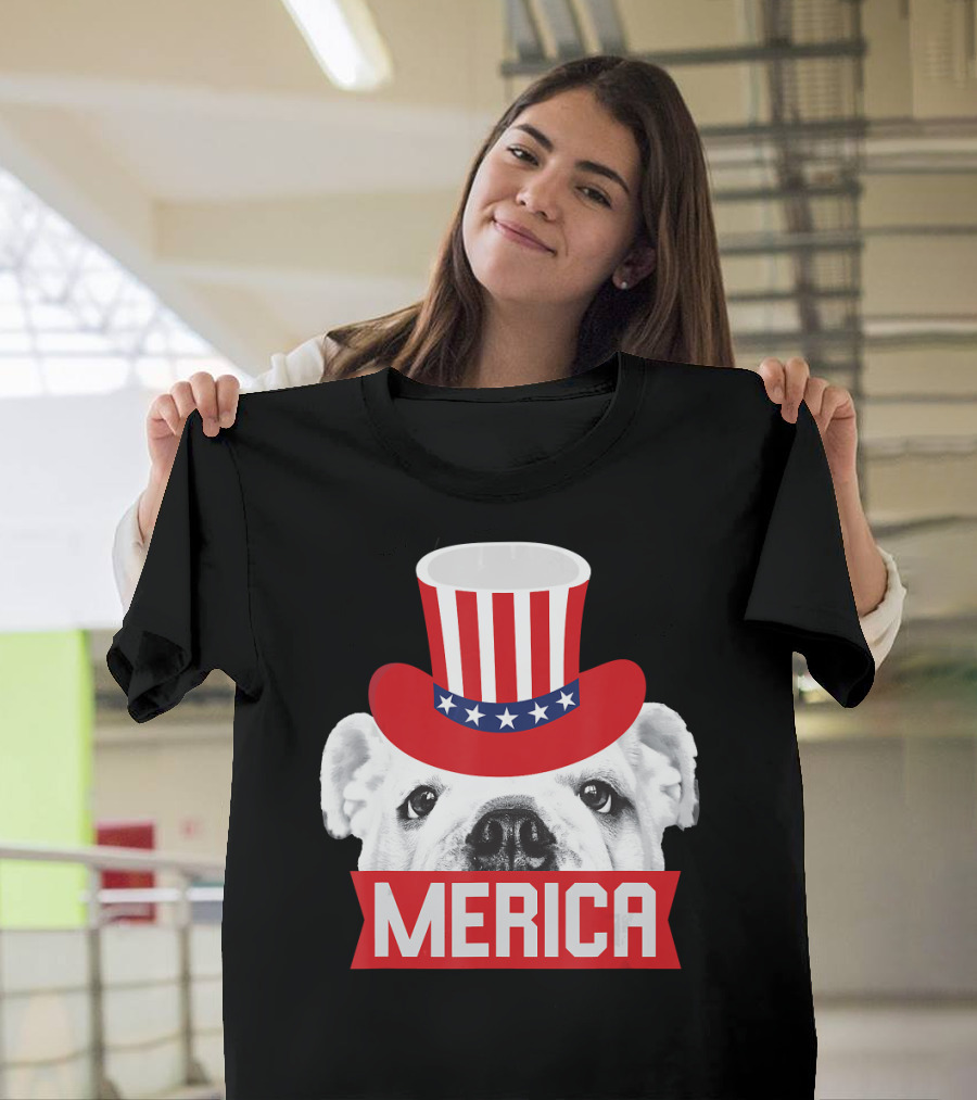 Merica English Bulldog Patriotic Top Hat Fourth of July T-Shirt