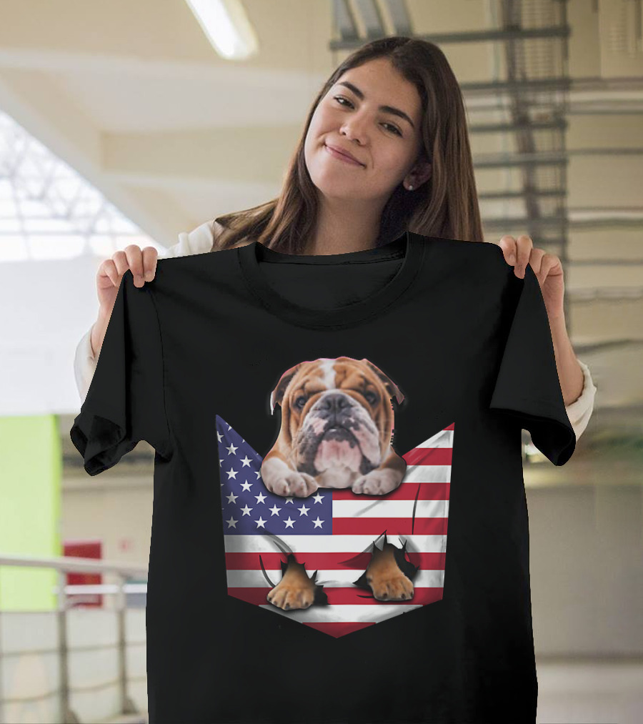 English Bulldog in American Flag Pocket T-Shirt