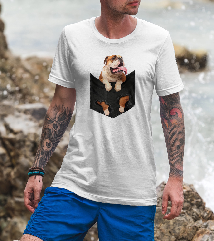 English Bulldog Pocket Mid Bulldog Peeking Out T-Shirt