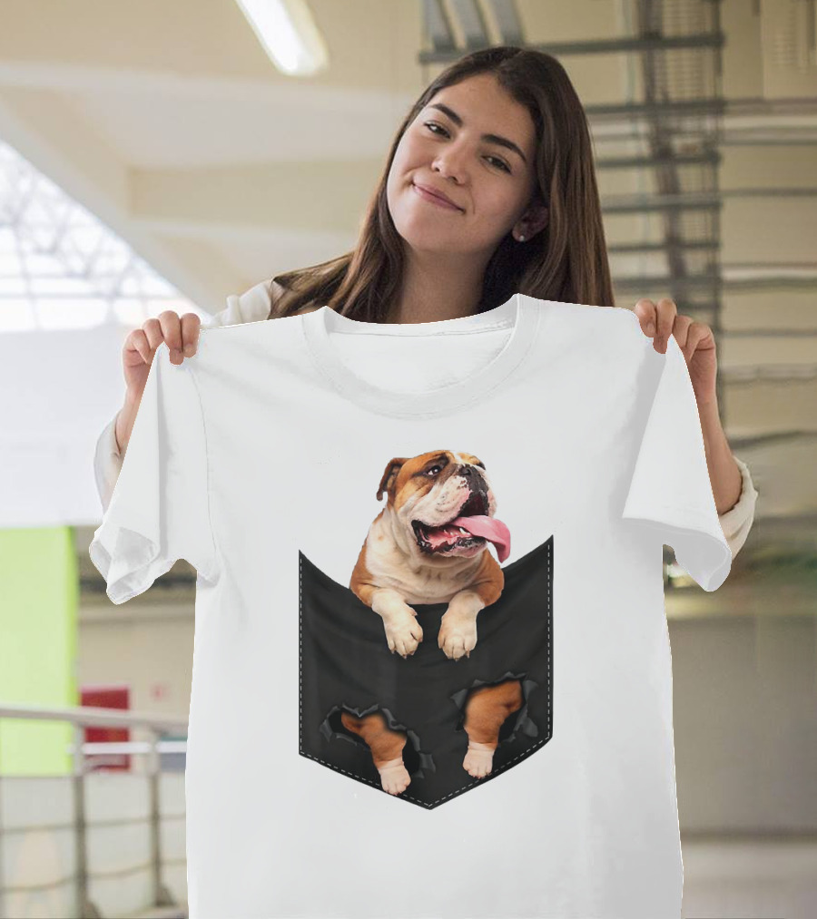 English Bulldog Pocket Mid Bulldog Peeking Out T-Shirt