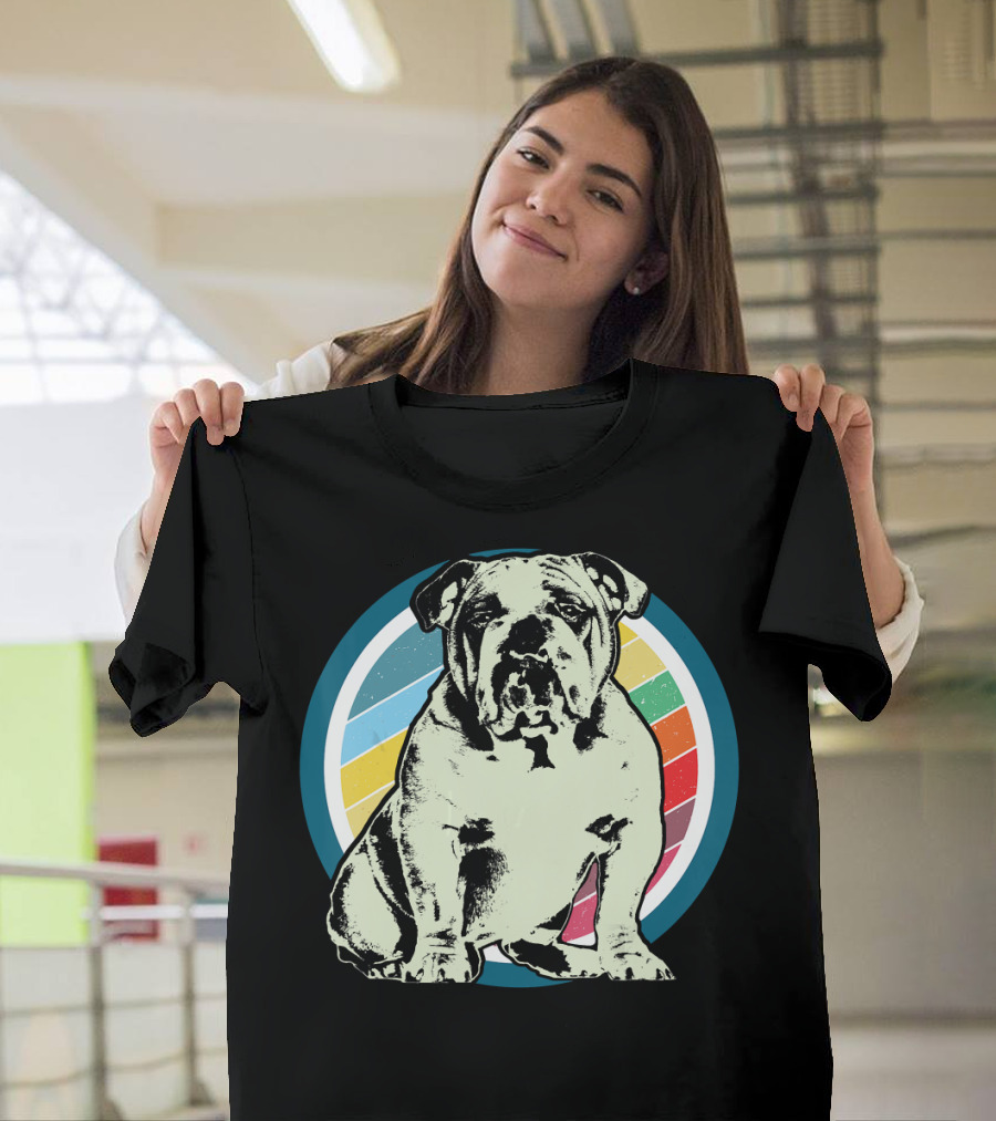 English Bulldog Retro Style Rainbow Circle T-Shirt