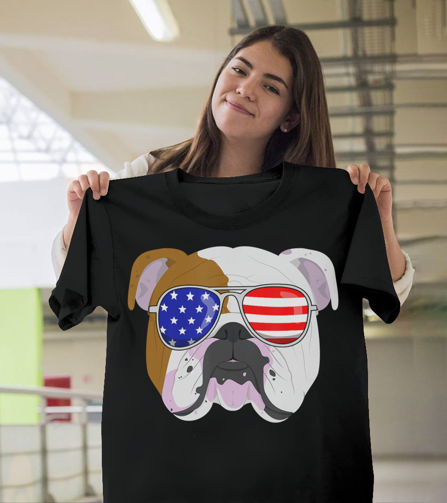 English Bulldog American Flag Sunglasses 4th Of July T-Shirt