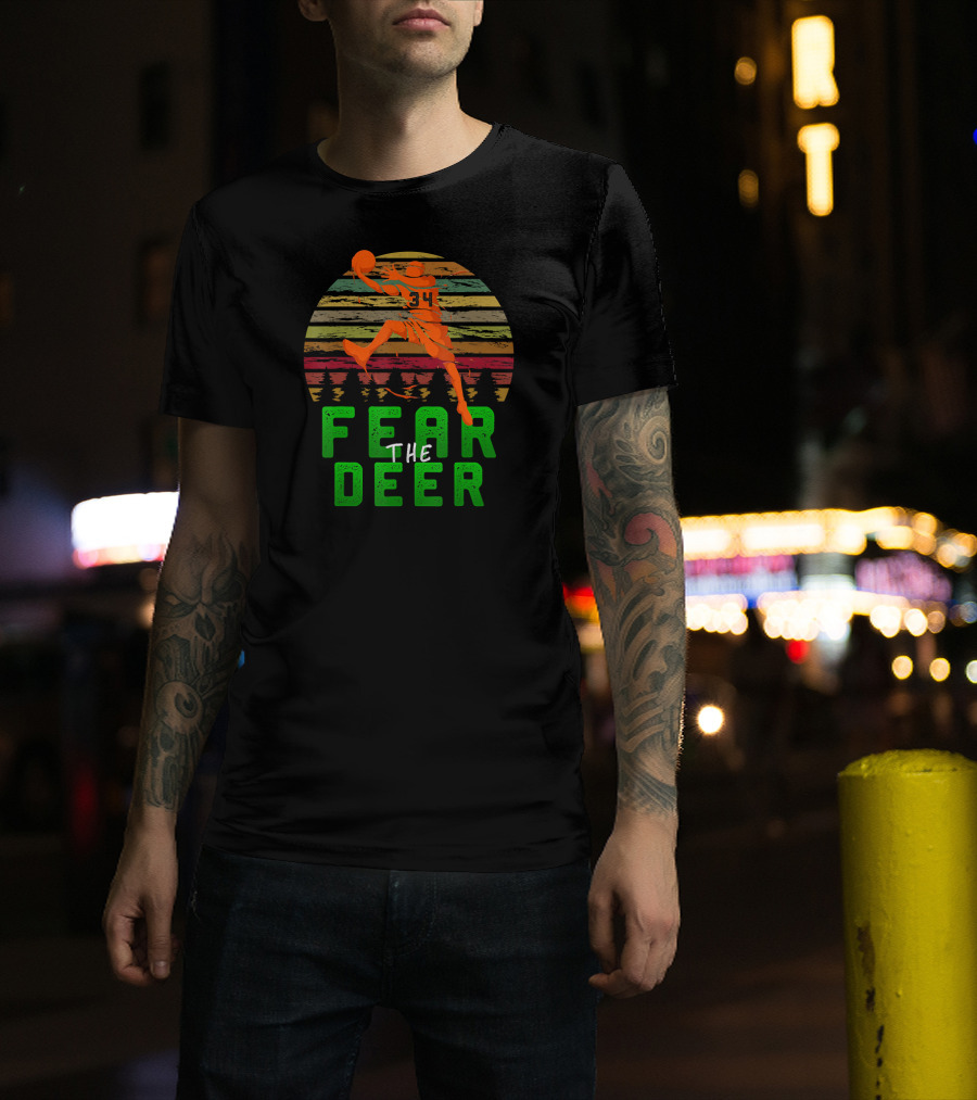 Fear The Deer 34 Milwaukee Basketball Retro Sunset Forest Jumper T-Shirt