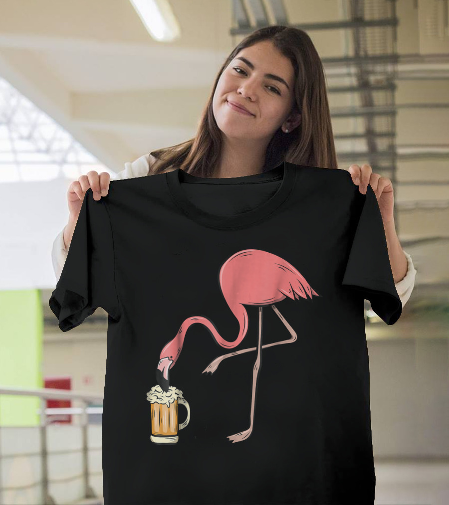 Funny Pink Flamingo Drinking Beer Illustrative Humor T-Shirt