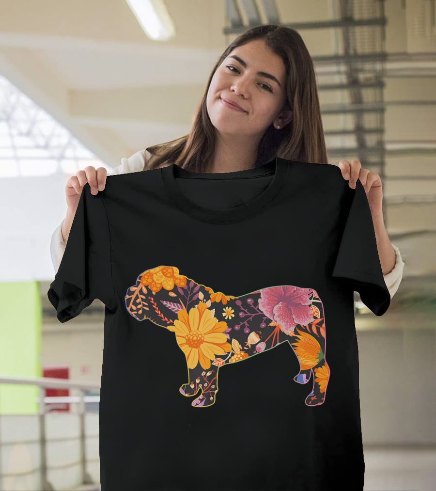 Floral Flower Vintage Bulldog Silhouette With Colorful Botanical T-Shirt