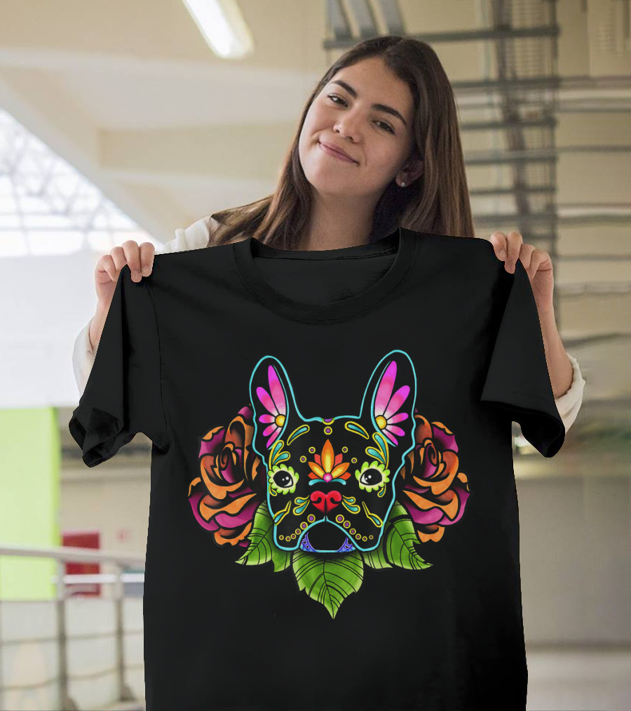 French Bulldog Colorful Day of the Dead Floral Roses T-Shirt