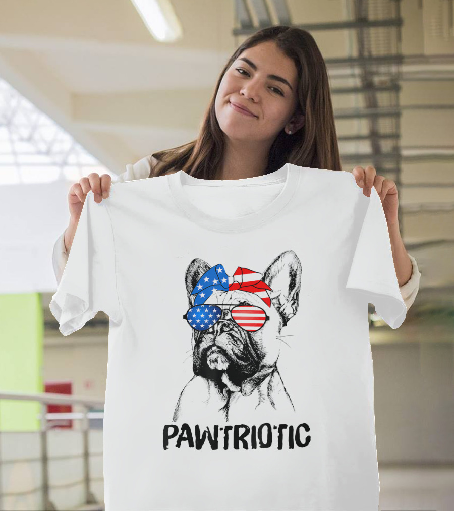 Pawtriotic French Bulldog With American Flag Bandana And Sunglasses T-Shirt