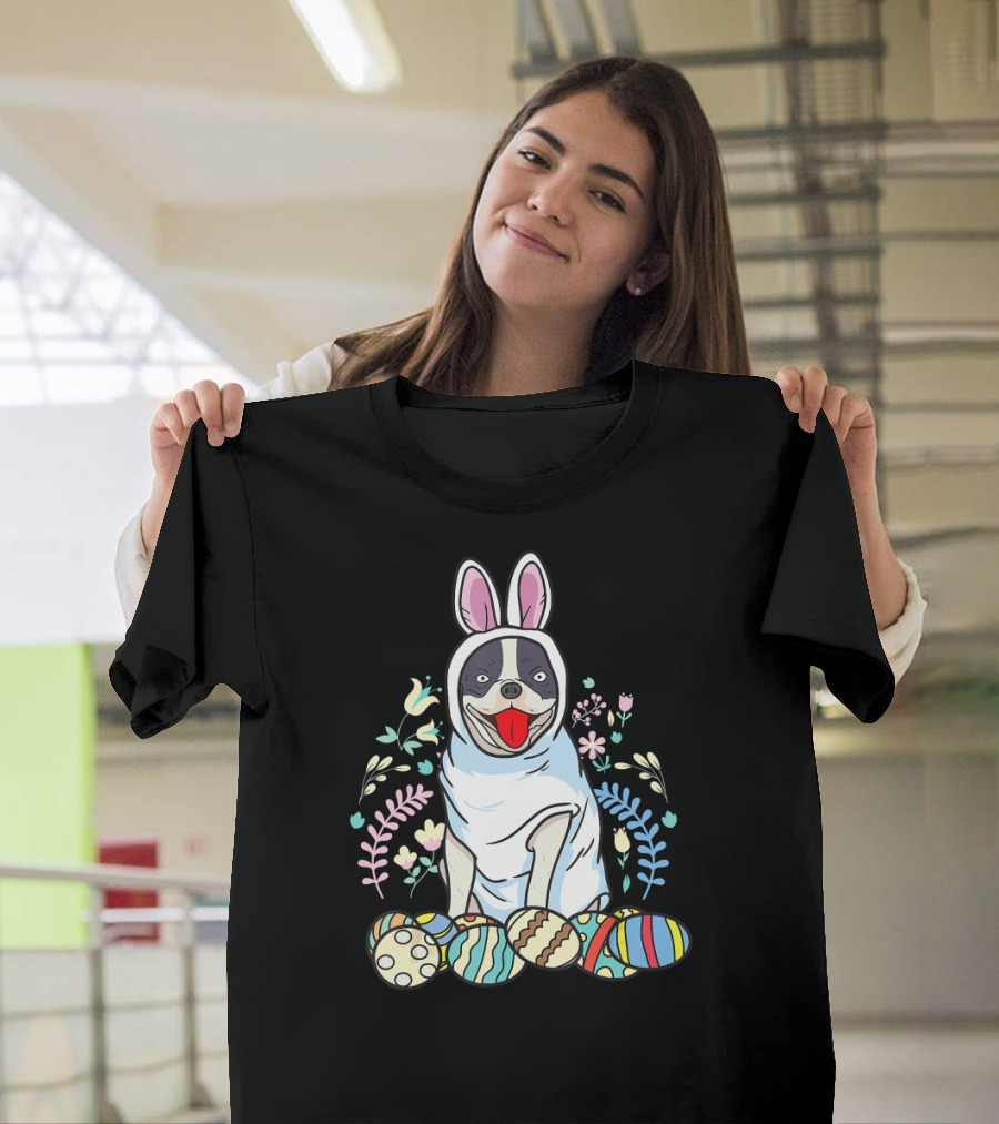 French Bulldog Bunny Ears Easter Eggs Floral Co T-Shirt