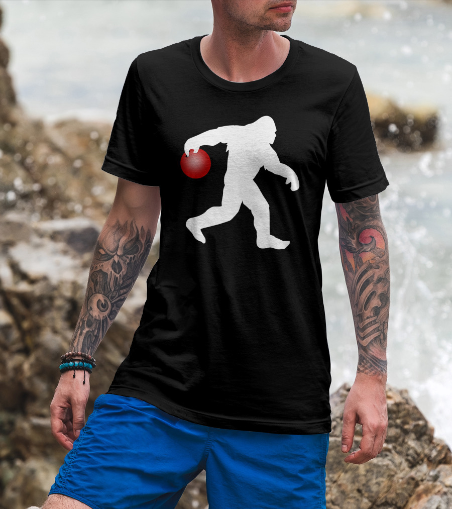 Bigfoot Bowling Silhouette With Red Bowling Ball T-Shirt