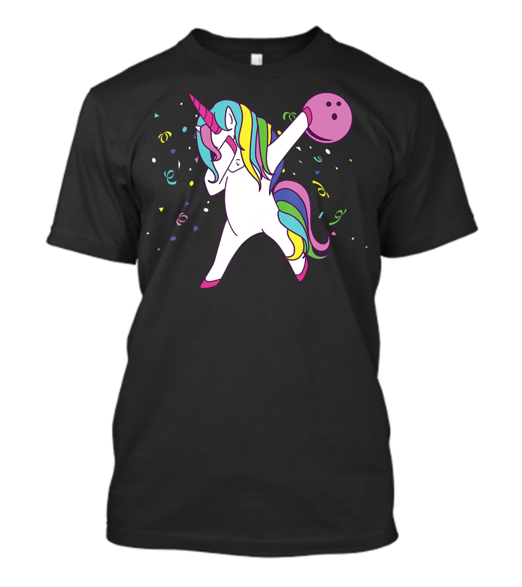 Funny Dabbing Unicorn With Colorful Bowling Ball And Confetti T-Shirt