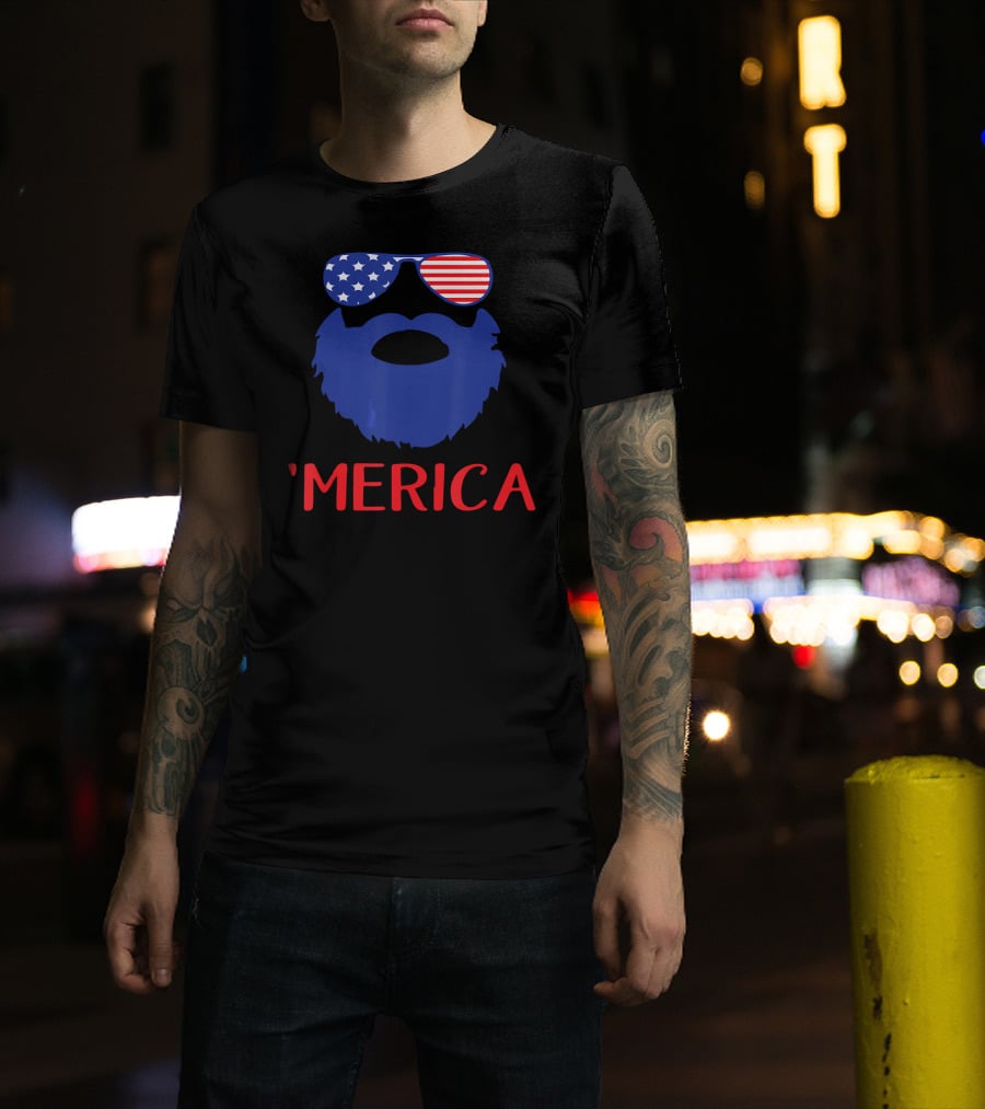 'Merica Beard With American Flag Sunglasses T-Shirt