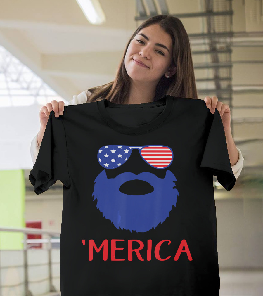 'Merica Beard With American Flag Sunglasses T-Shirt