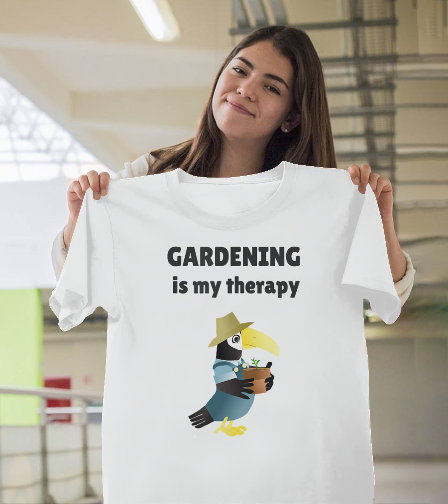 Gardening Is My Therapy Toucan In Hat Holding Plant T-Shirt