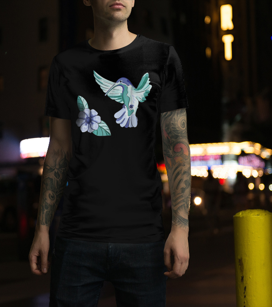 Green And Blue Hummingbird With White And Blue Flower T-Shirt