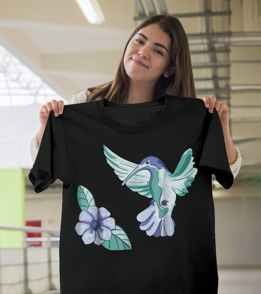 Green And Blue Hummingbird With White And Blue Flower T-Shirt