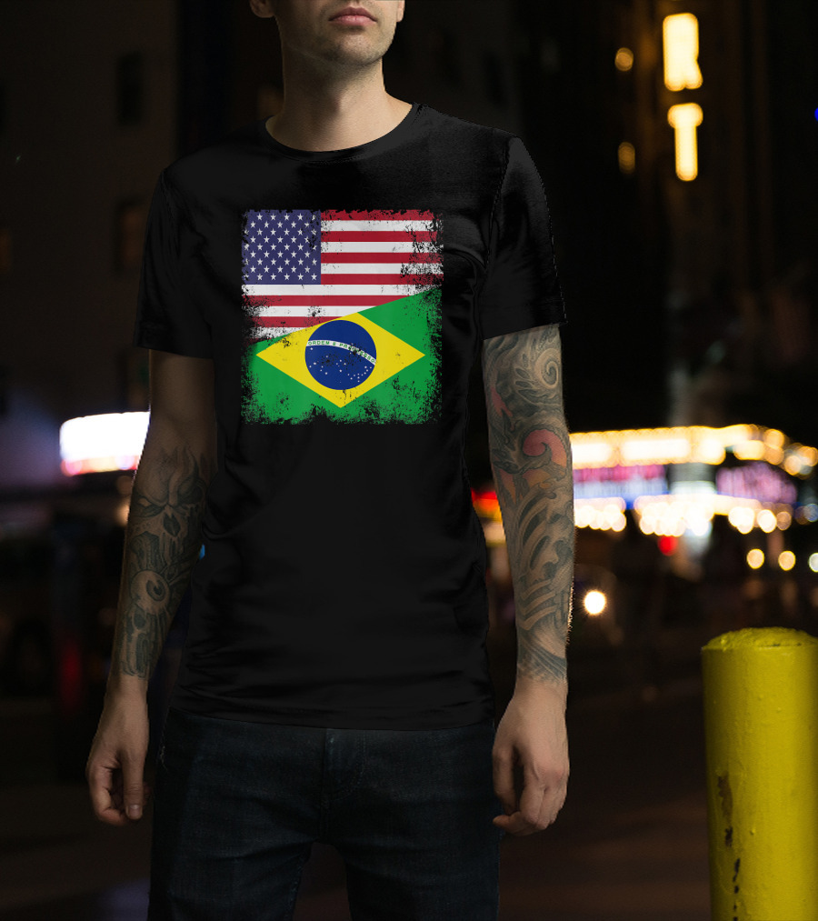 Vintage Half Brazilian Half American Flag Brazil U T-Shirt