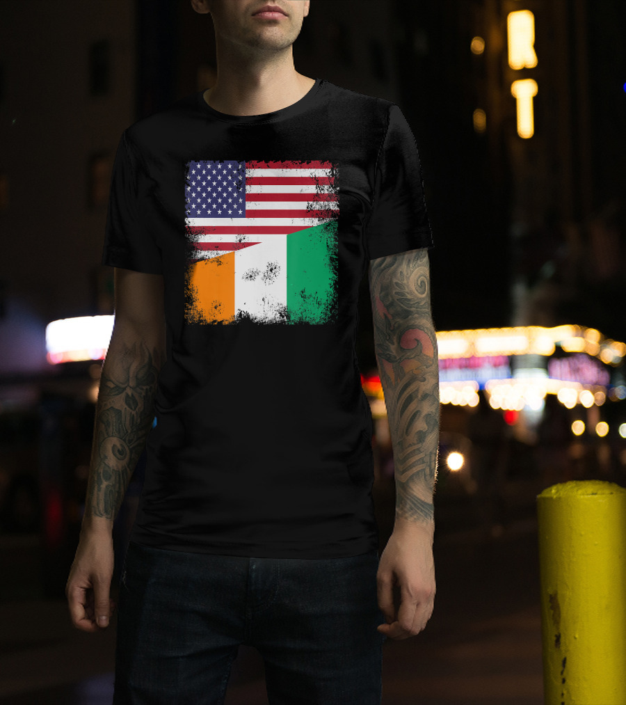 Half Ivorian Flag Vintage Cote D'I With Distressed USA Flag T-Shirt