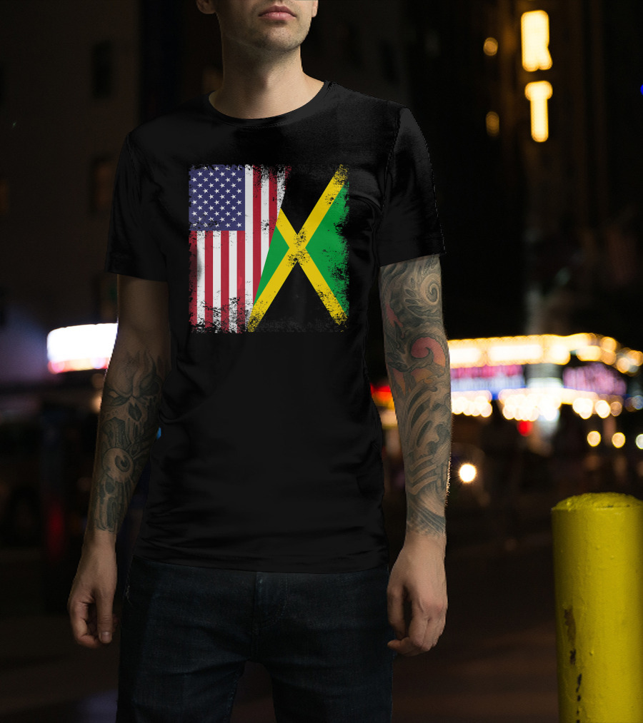 Half Jamaican Flag Vintage Jamaica U.S.A. Flag Overlay T-Shirt