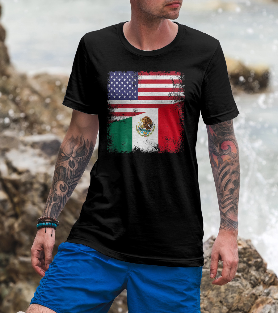 Half Mexican Flag Vintage Mexico U.S. American Flag Dual Heritage T-Shirt