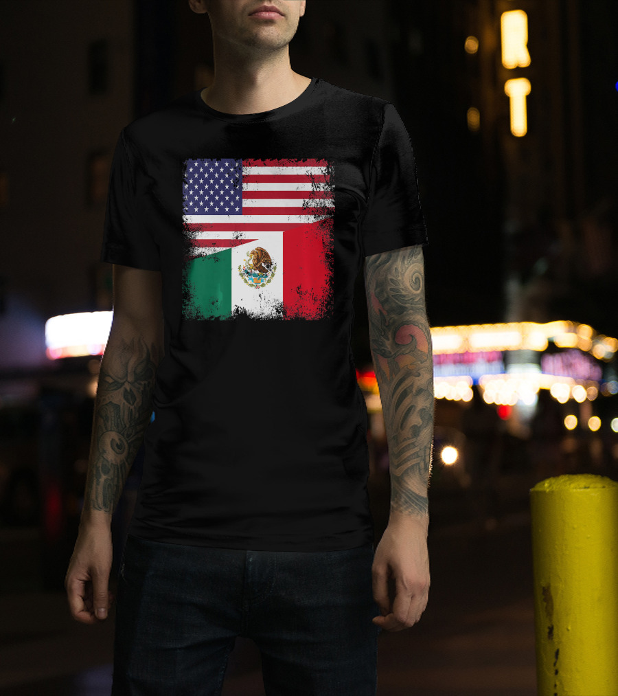 Half Mexican Flag Vintage Mexico U.S. American Flag Dual Heritage T-Shirt