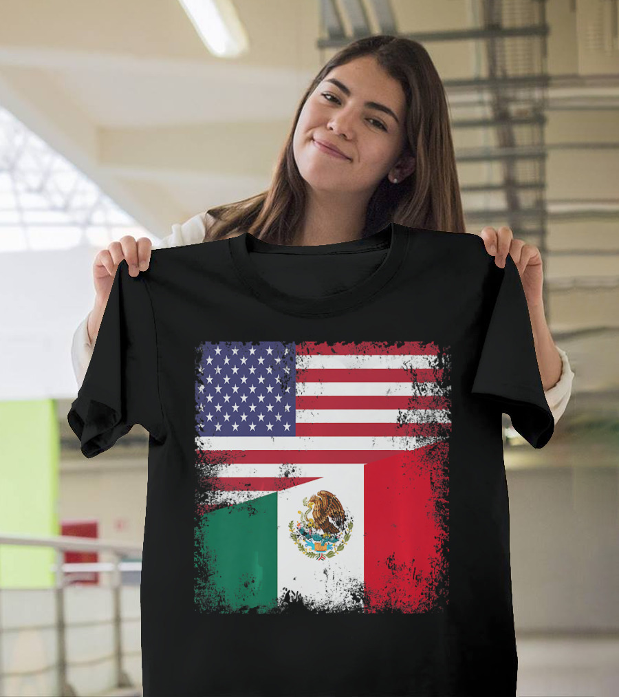 Half Mexican Flag Vintage Mexico U.S. American Flag Dual Heritage T-Shirt