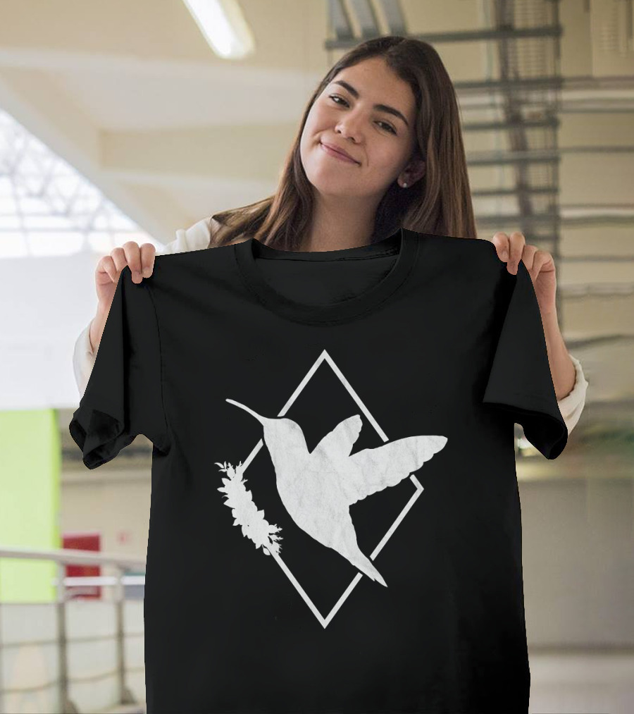 Humming Bird I Spirit Animal White Silhouette On Geometric T-Shirt
