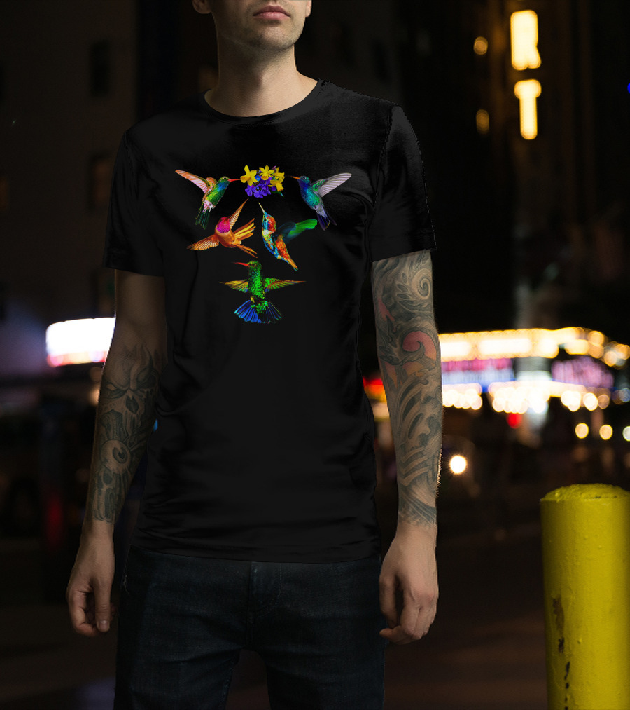 Hummingbird Lovers Colorful Birds With Flowers T-Shirt