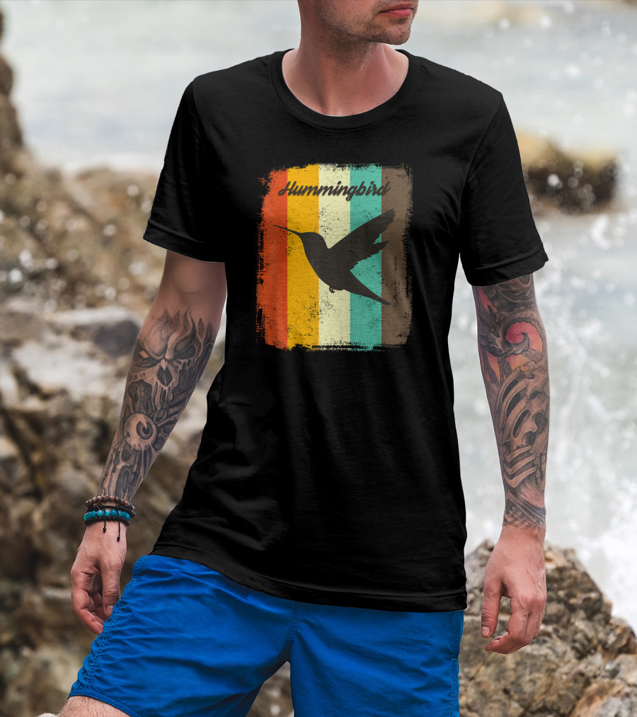 70s Vintage Hummingbird Silhouette Retro Stripes T-Shirt