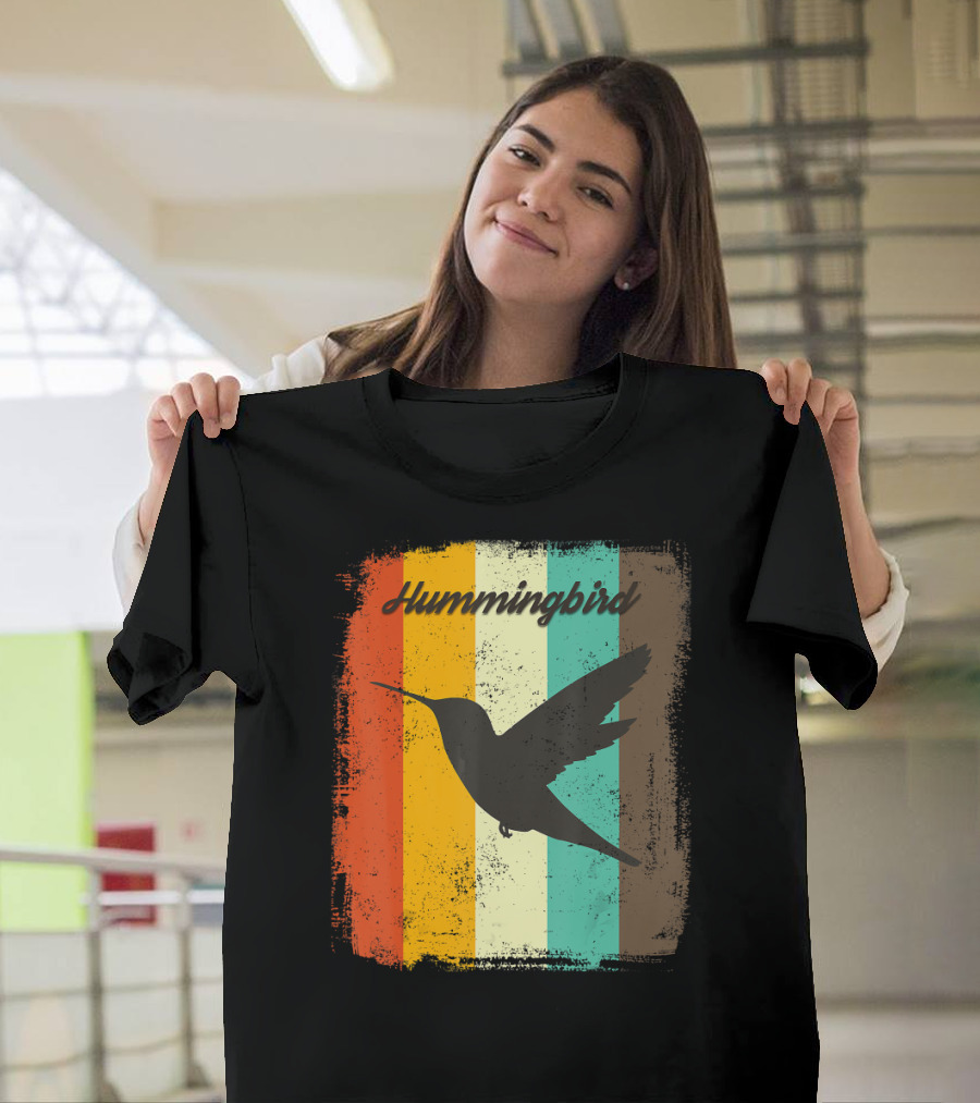 70s Vintage Hummingbird Silhouette Retro Stripes T-Shirt