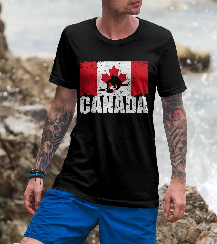Canadian Flag Curling Silhouette Against Distressed Flag Design With Bold Canada Lettering T-Shirt