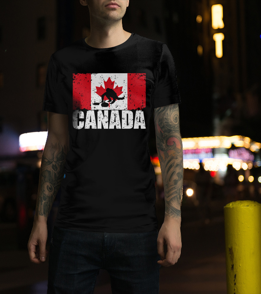 Canadian Flag Curling Silhouette Against Distressed Flag Design With Bold Canada Lettering T-Shirt