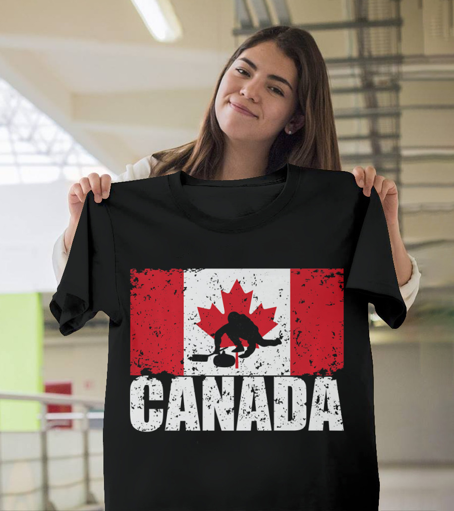 Canadian Flag Curling Silhouette Against Distressed Flag Design With Bold Canada Lettering T-Shirt