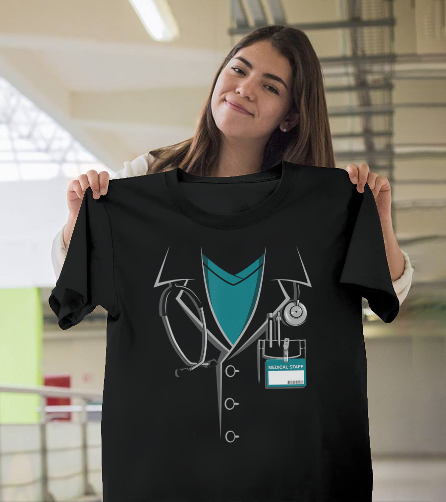 Medical Staff Doctor White Lab Coat With Stethoscope And ID Badge T-Shirt