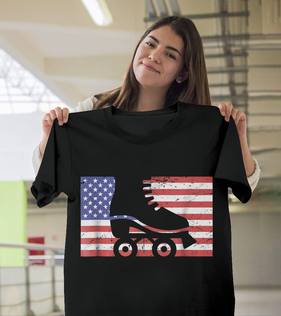 American Flag With Roller Skate T-Shirt