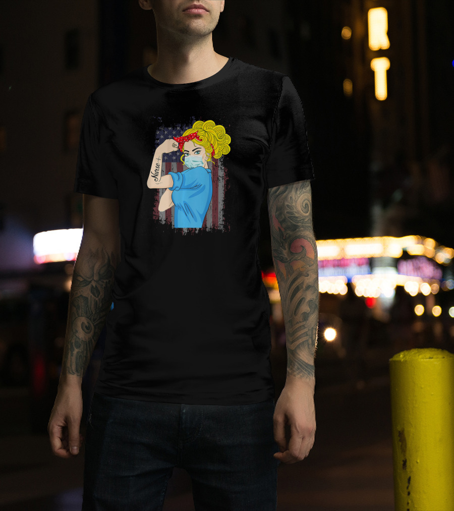 American Flag Nurse Strong Woman Tattoo Rosie Riveter T-Shirt