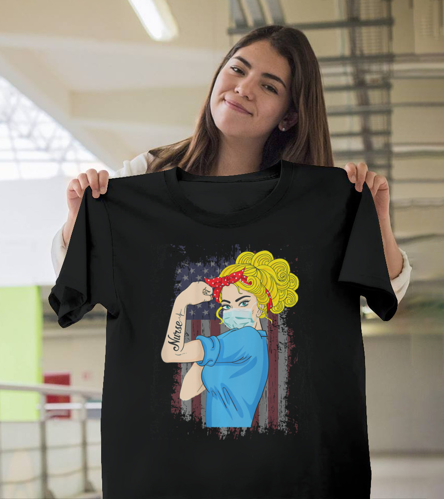 American Flag Nurse Strong Woman Tattoo Rosie Riveter T-Shirt