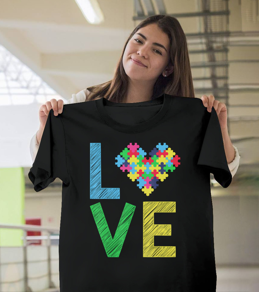 Autism Awareness Love Puzzle Heart Colorful Letters T-Shirt