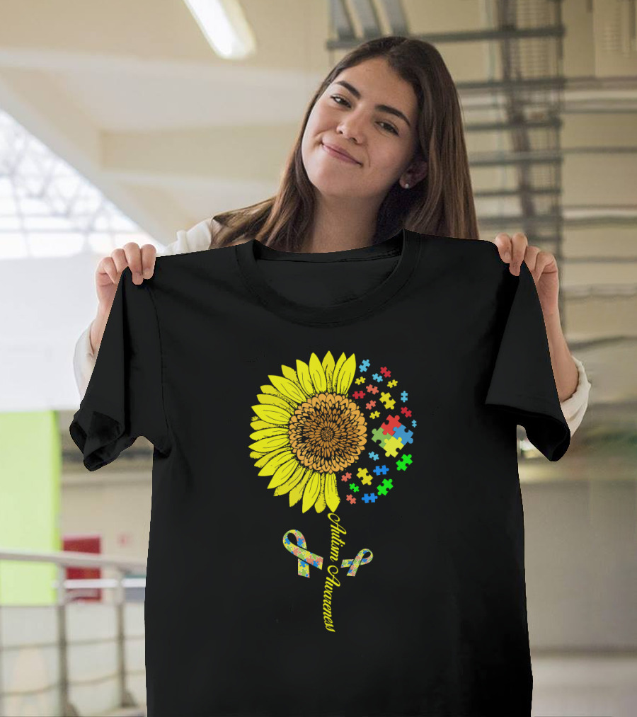 Autism Awareness Puzzle Ribbon Sunflower T-Shirt